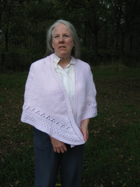 Donna W. Hill, blind author of educator-recommended diversity & anti-bullying novel The Heart of Applebutter Hill, designed & knit this Pink Champagne Faroese Shawl for Breast Cancer Awareness Month: photo by Rich Hill