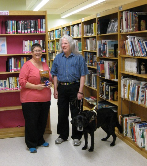 Donna & Hunter visit Elk Lake High School (Springville, PA)& Donate Donna's educator-recommended novel The Heart of Applebutter Hill to librarian Kris Morahan: photo by Rich Hill