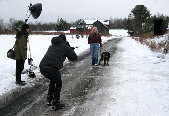 ABA Journal Photo Shoot: (l-r) asst. photographer John Kuntz, photographer Jeff Wojtaszek, Donna W. Hill & her guide dog Hunter: photo by Rich Hill.