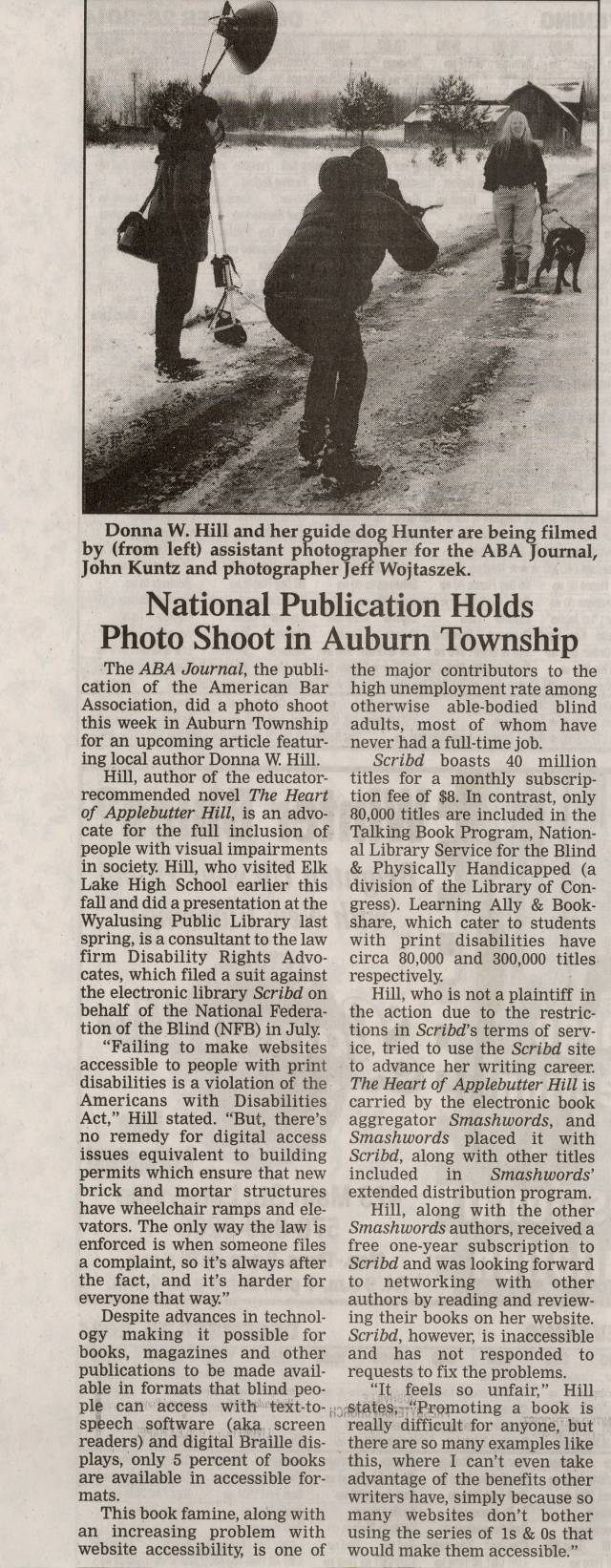 Rocket Courier (Wyalusing, PA) article, National Publication Holds Photo Shoot in Auburn Township, re ABA Journal article  about accessibility law suit against Scribd filed by National Federation of the Blind: contains photo by Rich Hill.