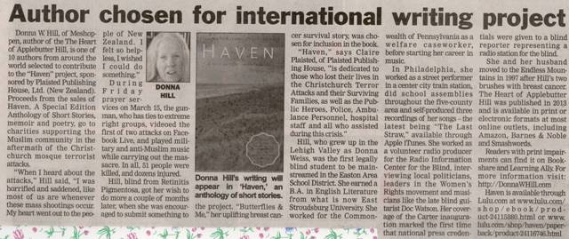 Wyoming ty Examiner (Tunkhannock, PA): Author Chosen for International Writing Project, 7/28/19. pix Haven book cover & Donna W. Hill with yellow Lab guide dog Mo.